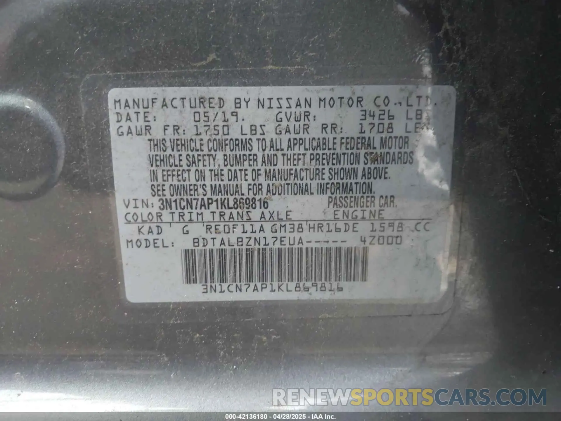 9 Photograph of a damaged car 3N1CN7AP1KL869816 NISSAN VERSA 2019