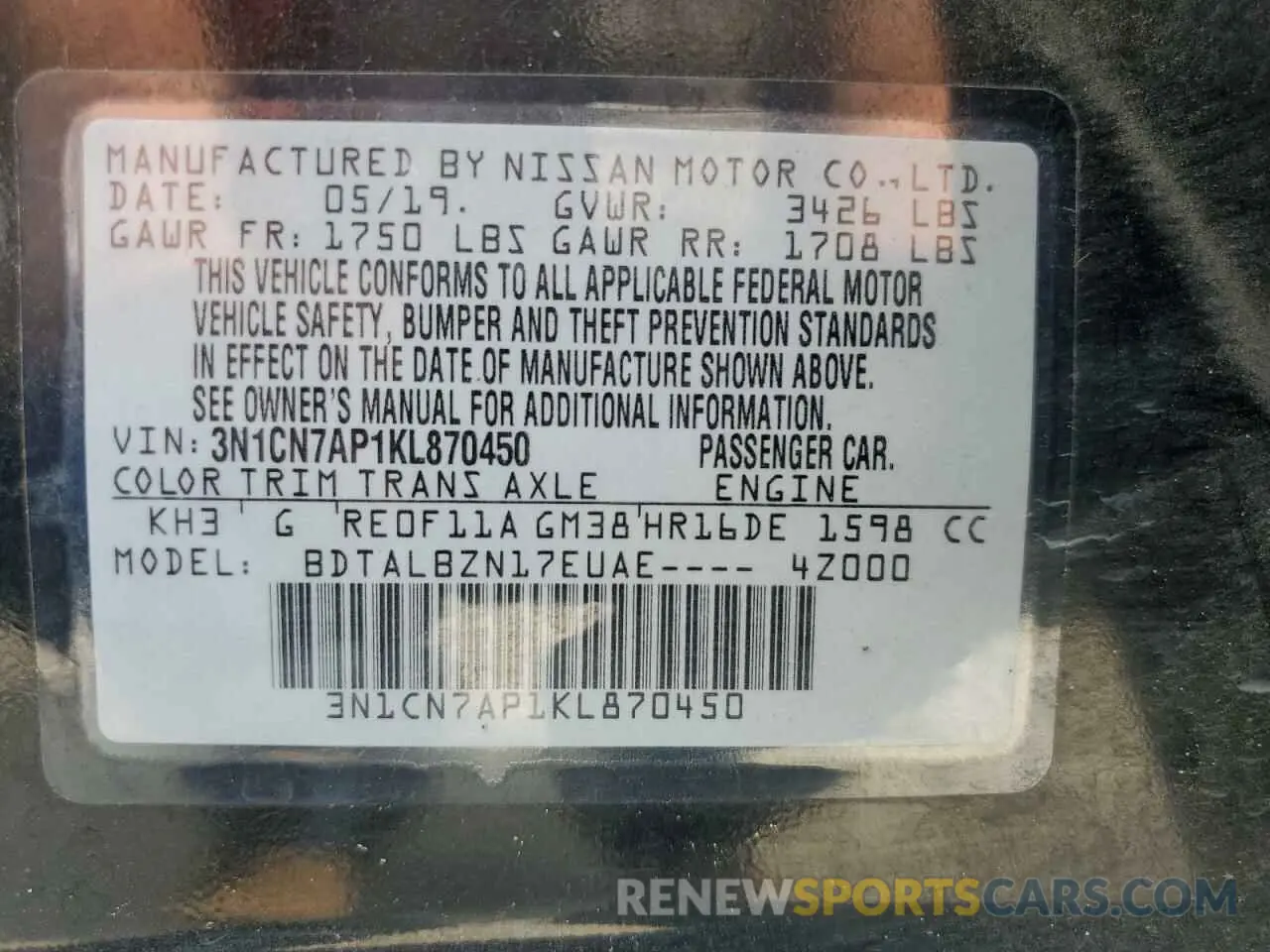 13 Photograph of a damaged car 3N1CN7AP1KL870450 NISSAN VERSA 2019