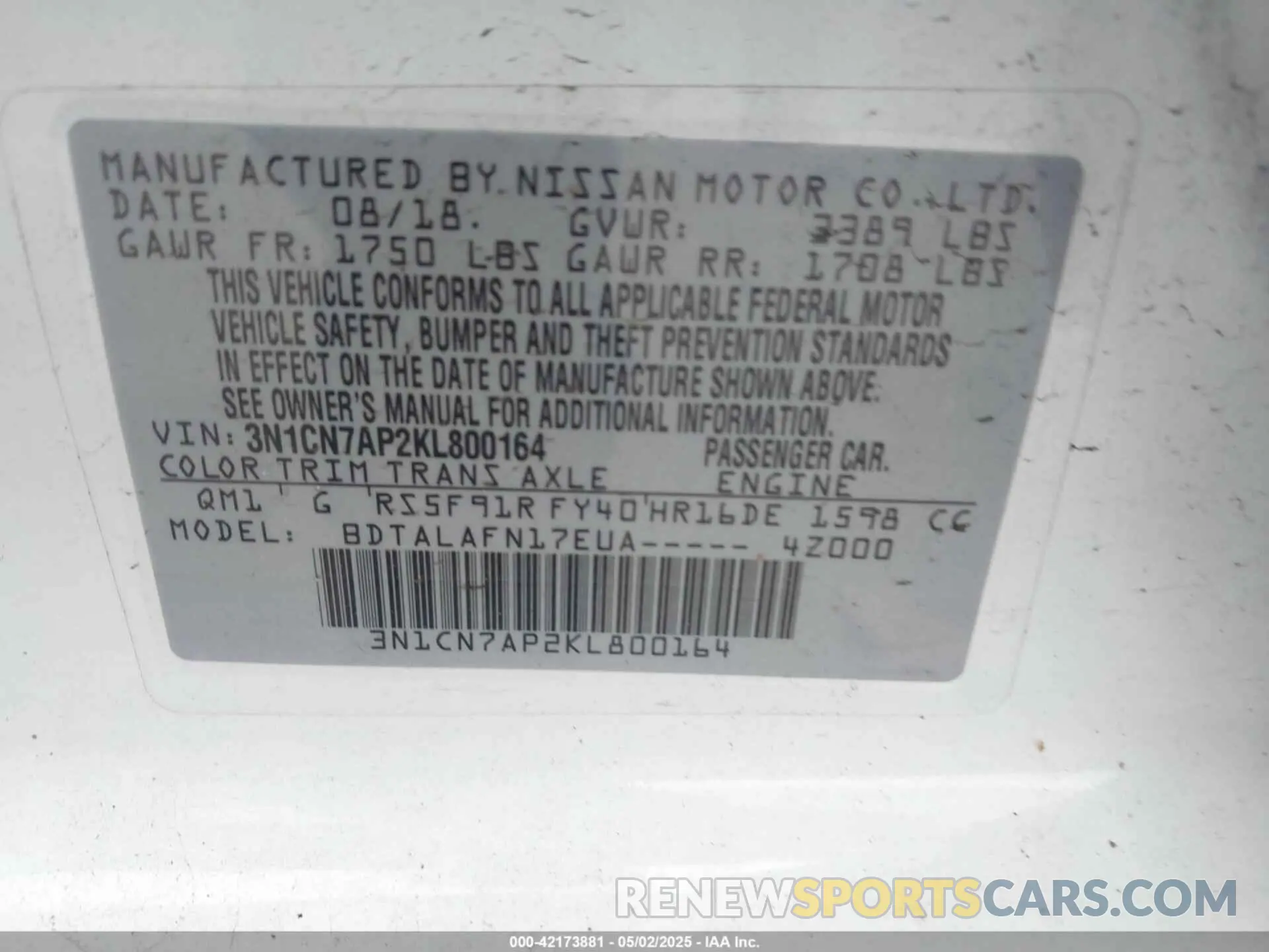 9 Photograph of a damaged car 3N1CN7AP2KL800164 NISSAN VERSA 2019