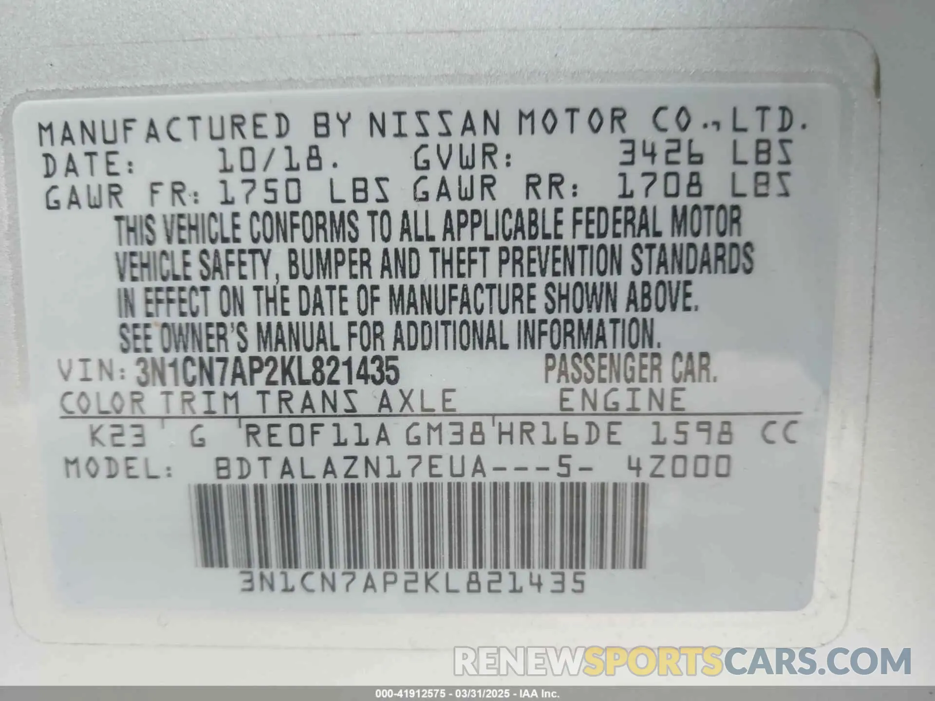 9 Photograph of a damaged car 3N1CN7AP2KL821435 NISSAN VERSA 2019