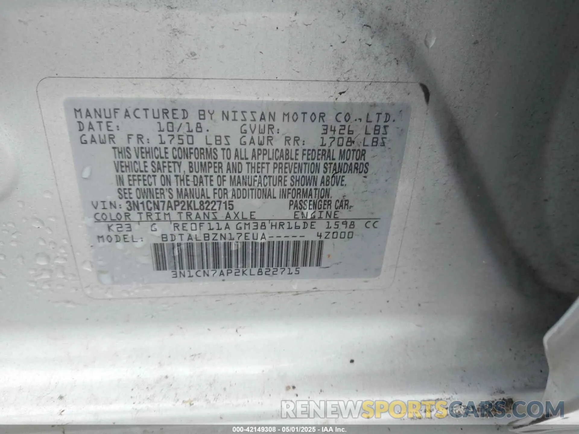 9 Photograph of a damaged car 3N1CN7AP2KL822715 NISSAN VERSA 2019