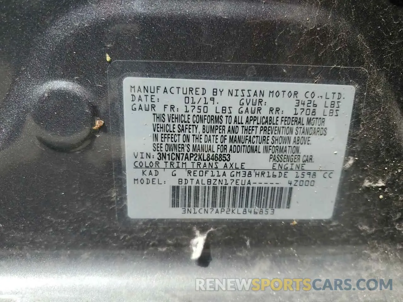 12 Photograph of a damaged car 3N1CN7AP2KL846853 NISSAN VERSA 2019
