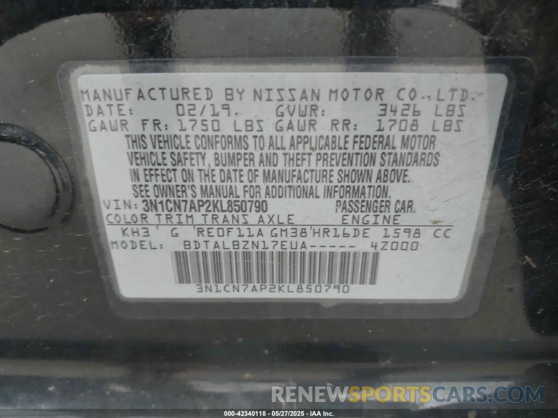 9 Photograph of a damaged car 3N1CN7AP2KL850790 NISSAN VERSA 2019