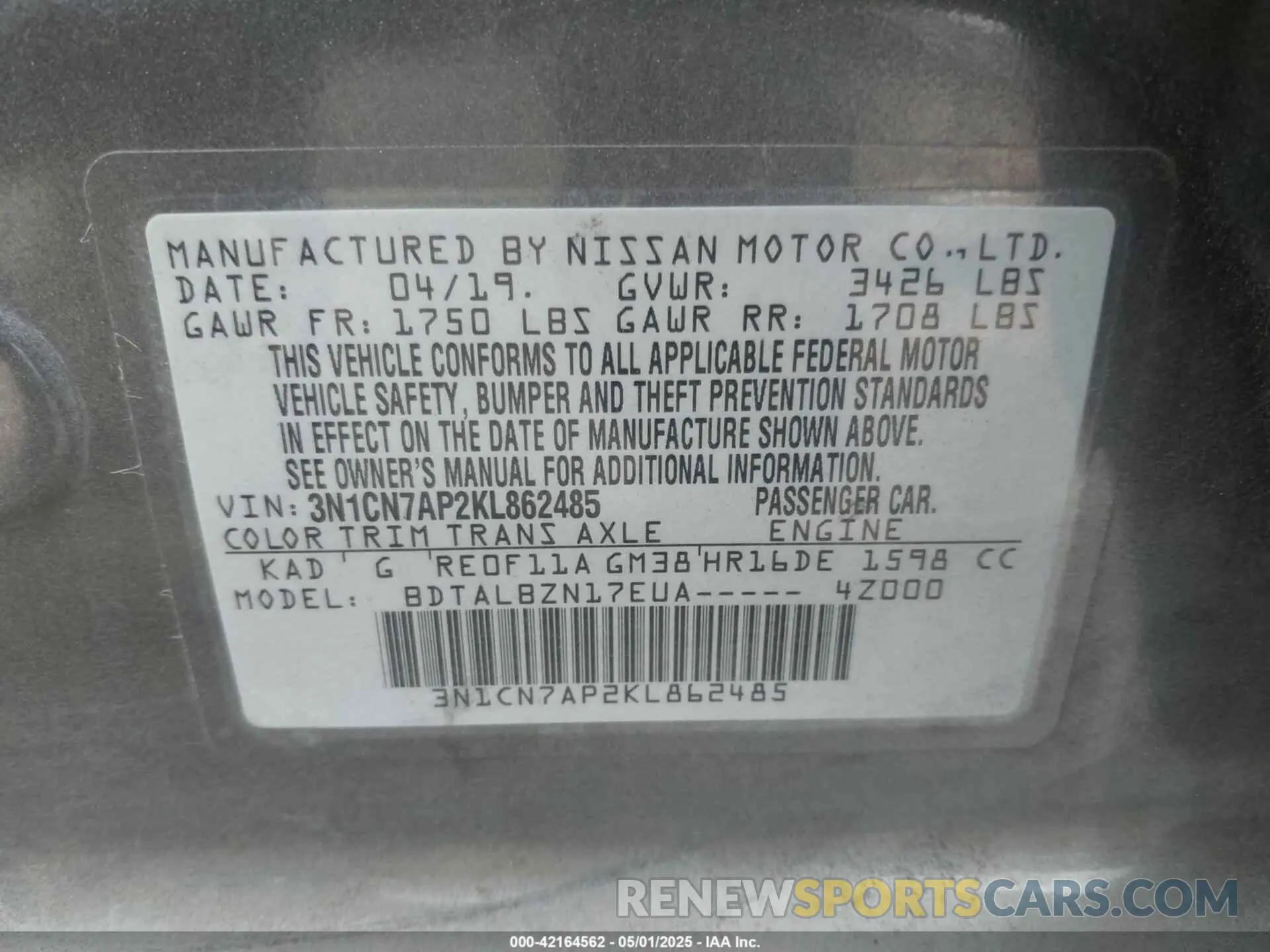 9 Photograph of a damaged car 3N1CN7AP2KL862485 NISSAN VERSA 2019
