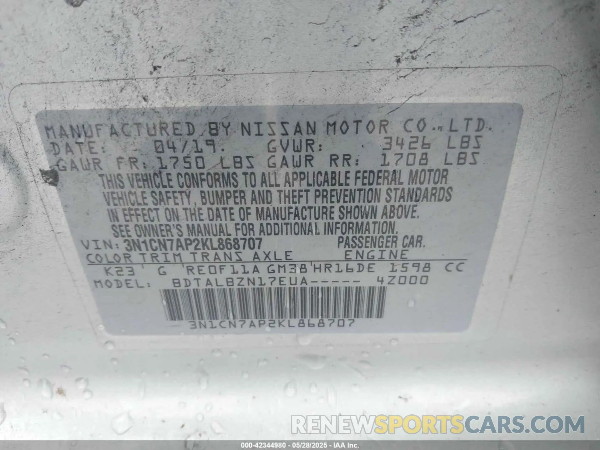 9 Photograph of a damaged car 3N1CN7AP2KL868707 NISSAN VERSA 2019