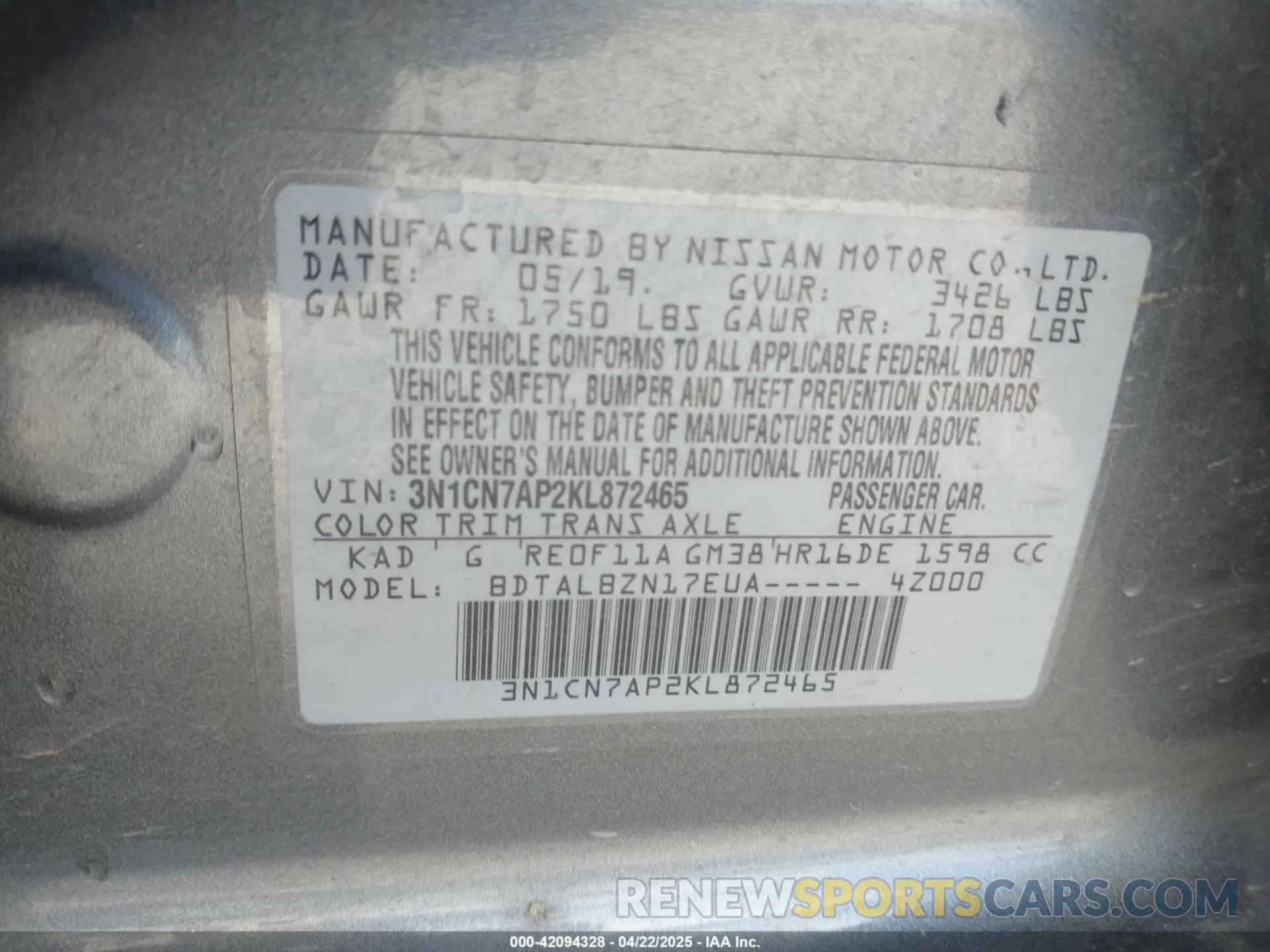 9 Photograph of a damaged car 3N1CN7AP2KL872465 NISSAN VERSA 2019