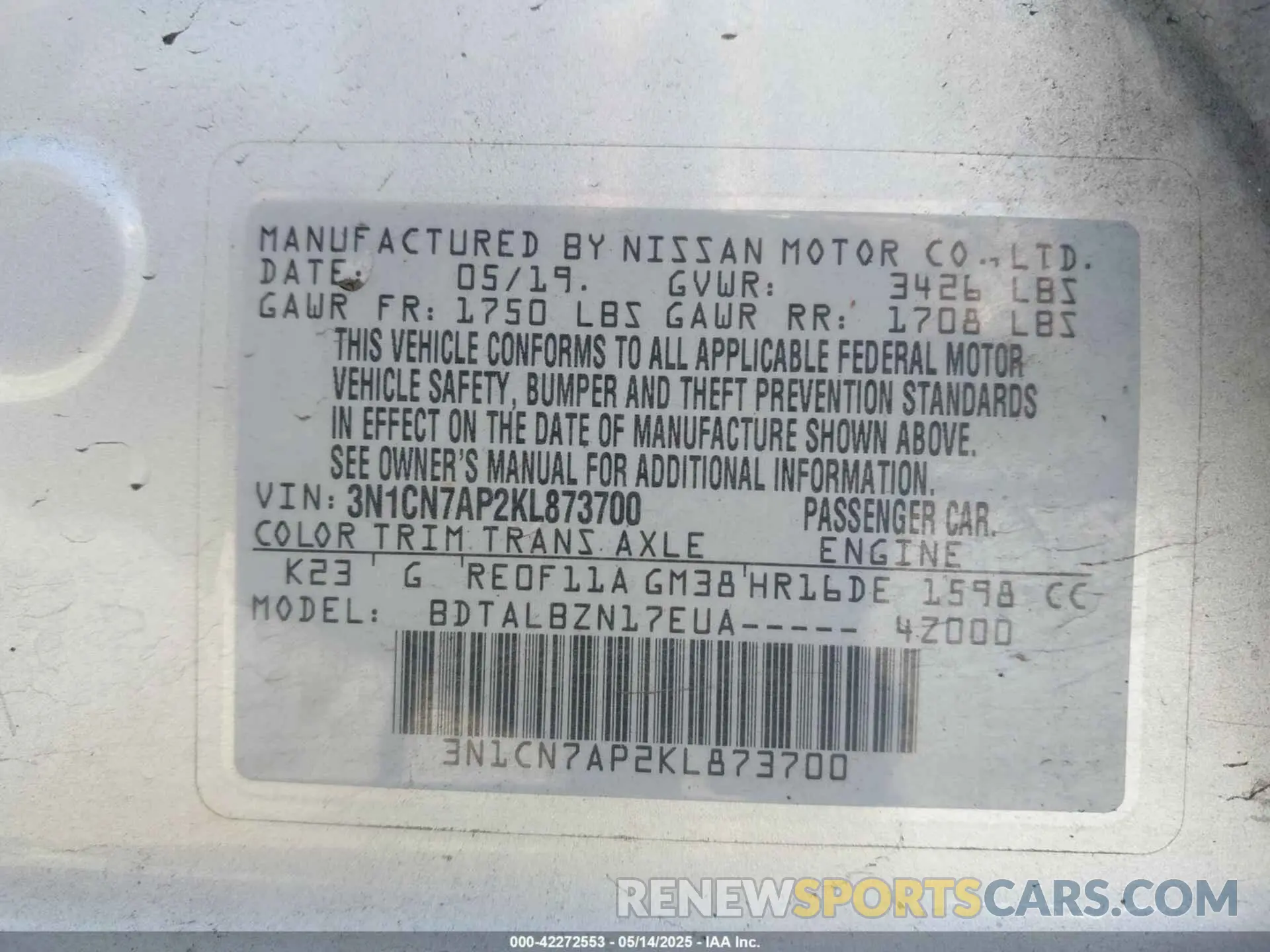 9 Photograph of a damaged car 3N1CN7AP2KL873700 NISSAN VERSA 2019