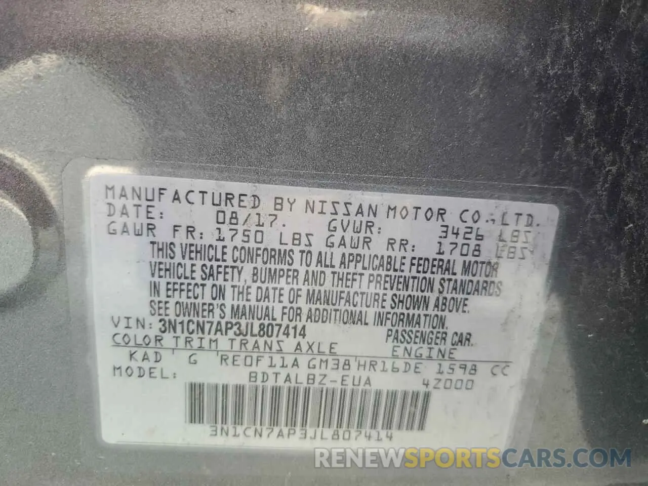 12 Photograph of a damaged car 3N1CN7AP3JL807414 NISSAN VERSA 2019