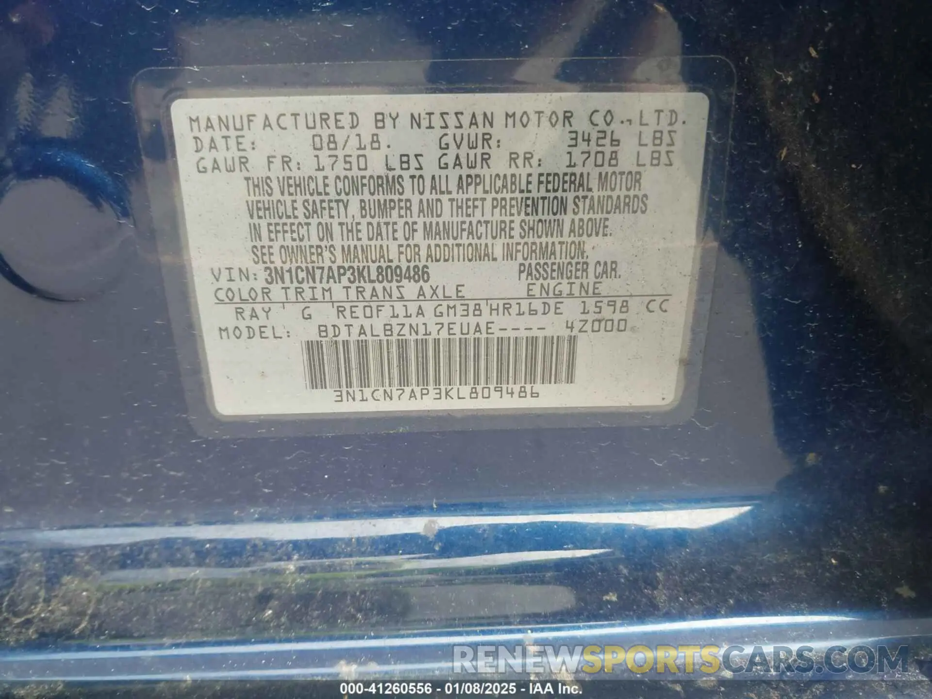9 Photograph of a damaged car 3N1CN7AP3KL809486 NISSAN VERSA 2019