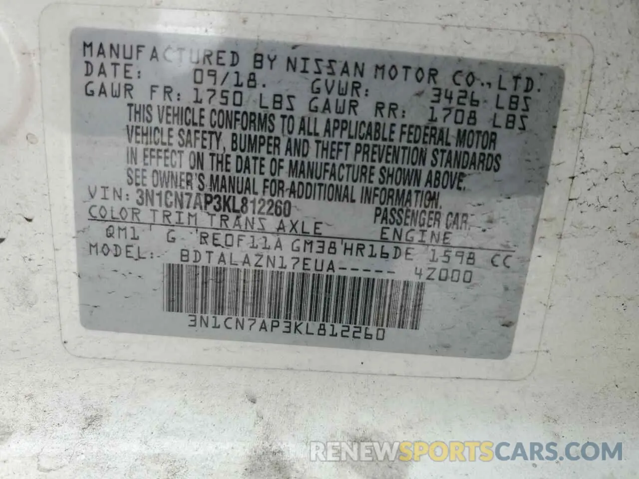 13 Photograph of a damaged car 3N1CN7AP3KL812260 NISSAN VERSA 2019