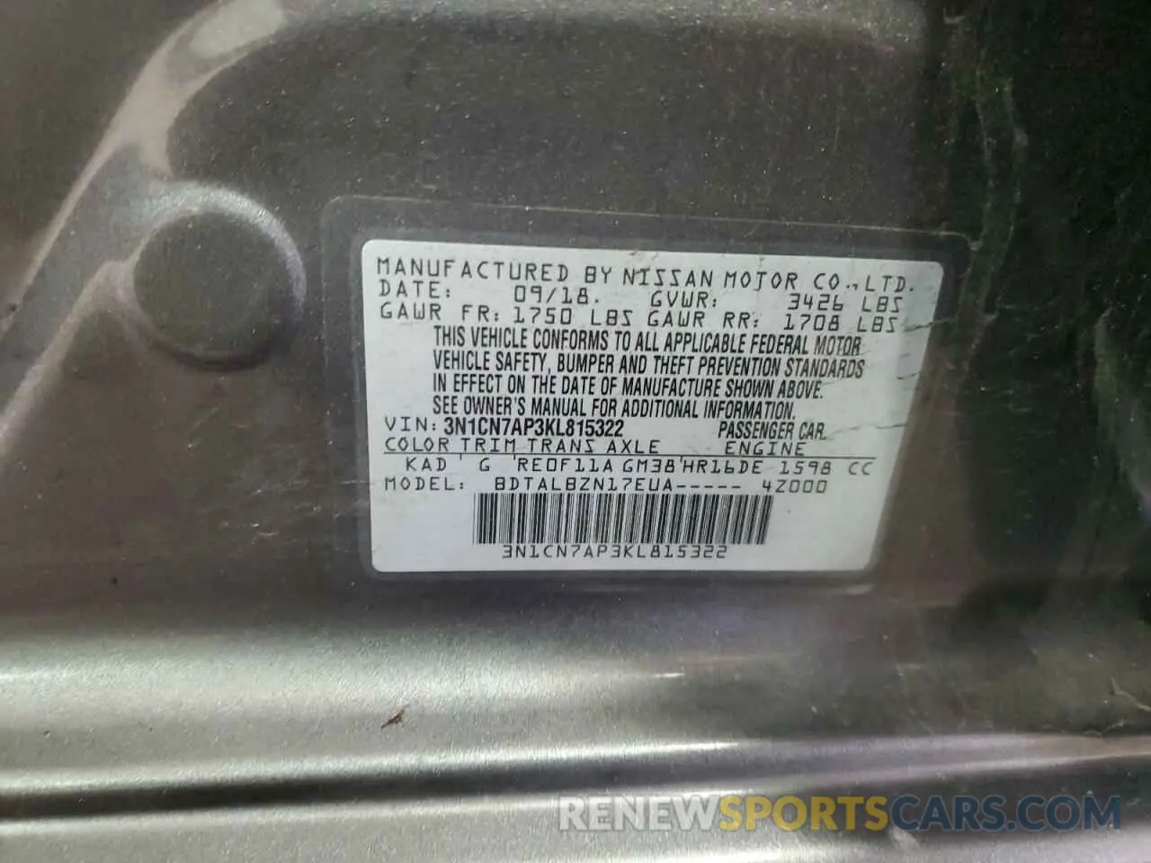 13 Photograph of a damaged car 3N1CN7AP3KL815322 NISSAN VERSA 2019
