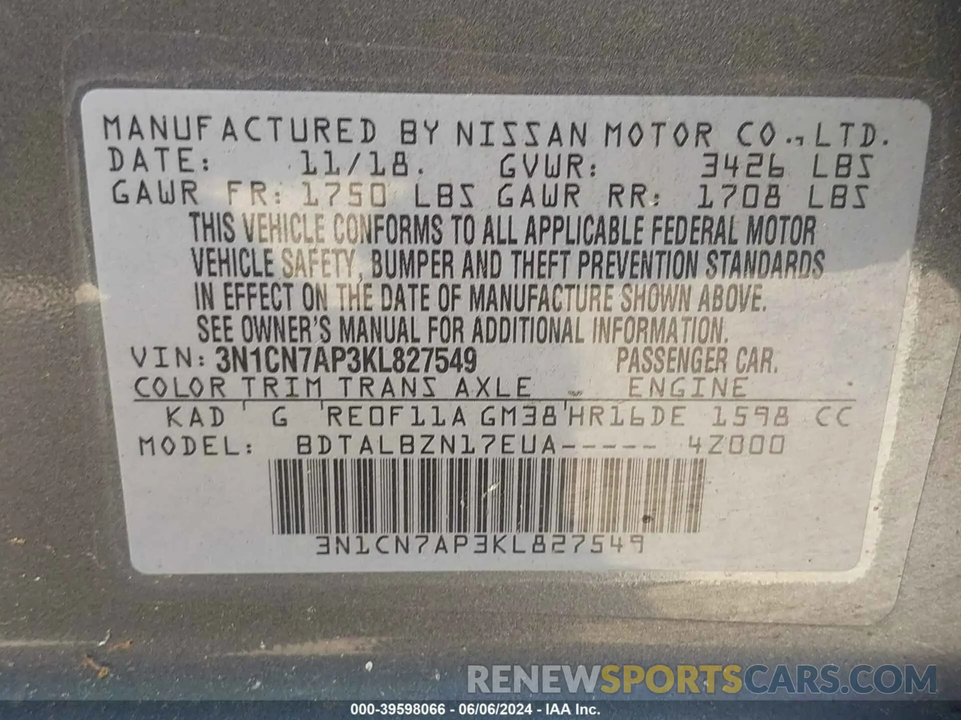 9 Photograph of a damaged car 3N1CN7AP3KL827549 NISSAN VERSA 2019
