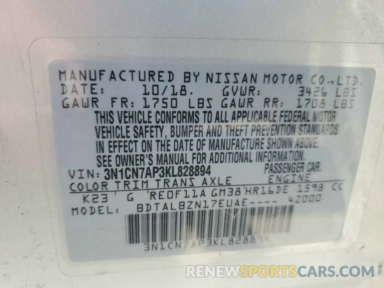 15 Photograph of a damaged car 3N1CN7AP3KL828894 NISSAN VERSA 2019