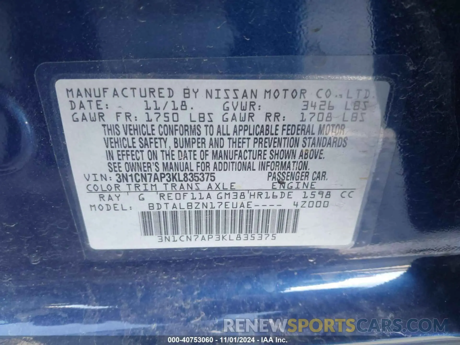 9 Photograph of a damaged car 3N1CN7AP3KL835375 NISSAN VERSA 2019