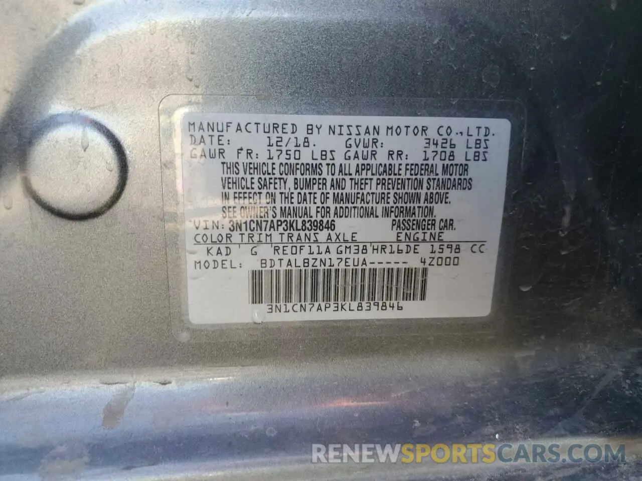 12 Photograph of a damaged car 3N1CN7AP3KL839846 NISSAN VERSA 2019