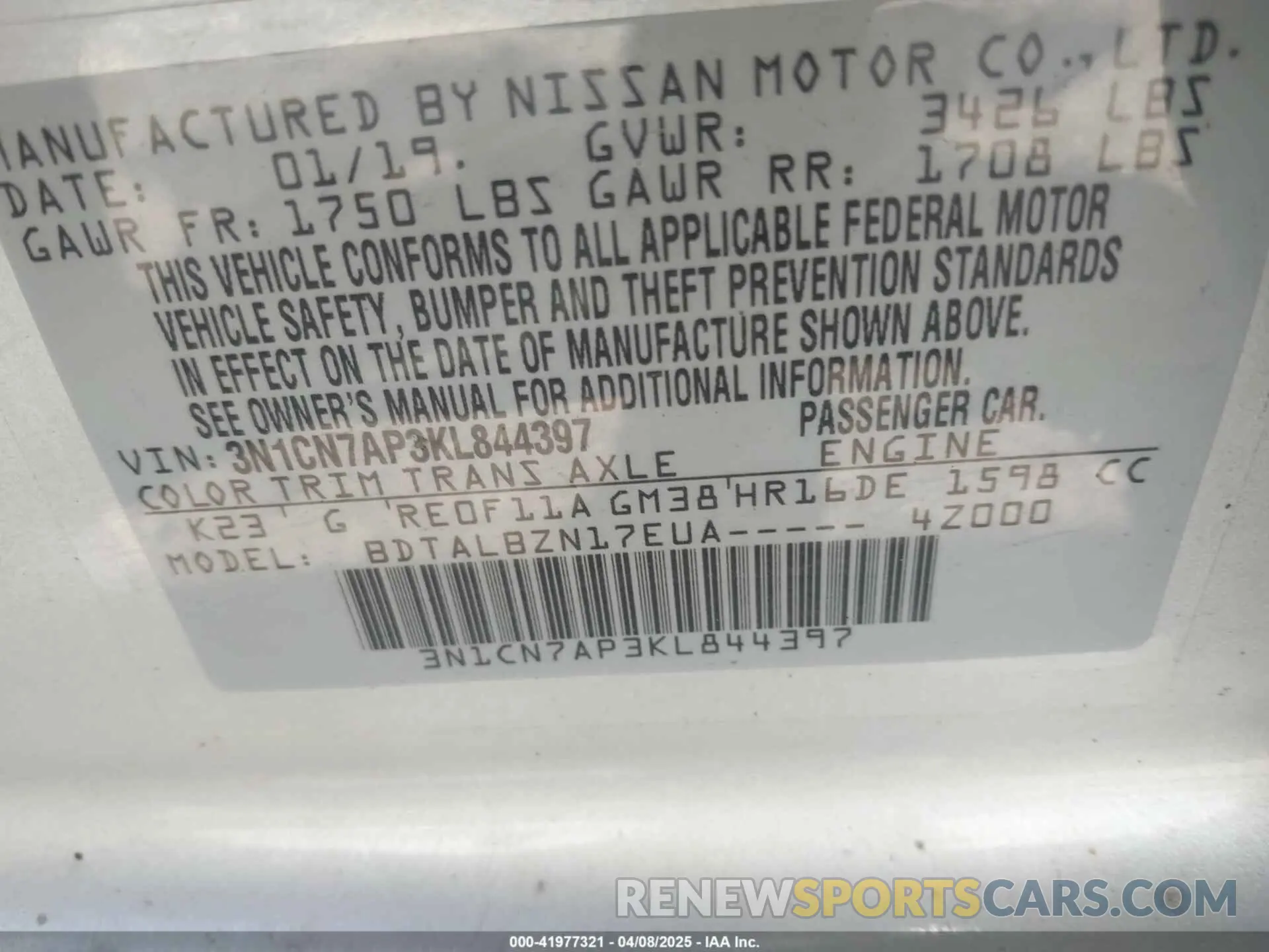 9 Photograph of a damaged car 3N1CN7AP3KL844397 NISSAN VERSA 2019