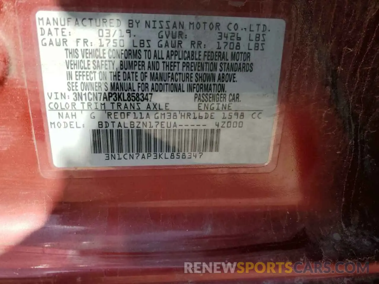 12 Photograph of a damaged car 3N1CN7AP3KL858347 NISSAN VERSA 2019