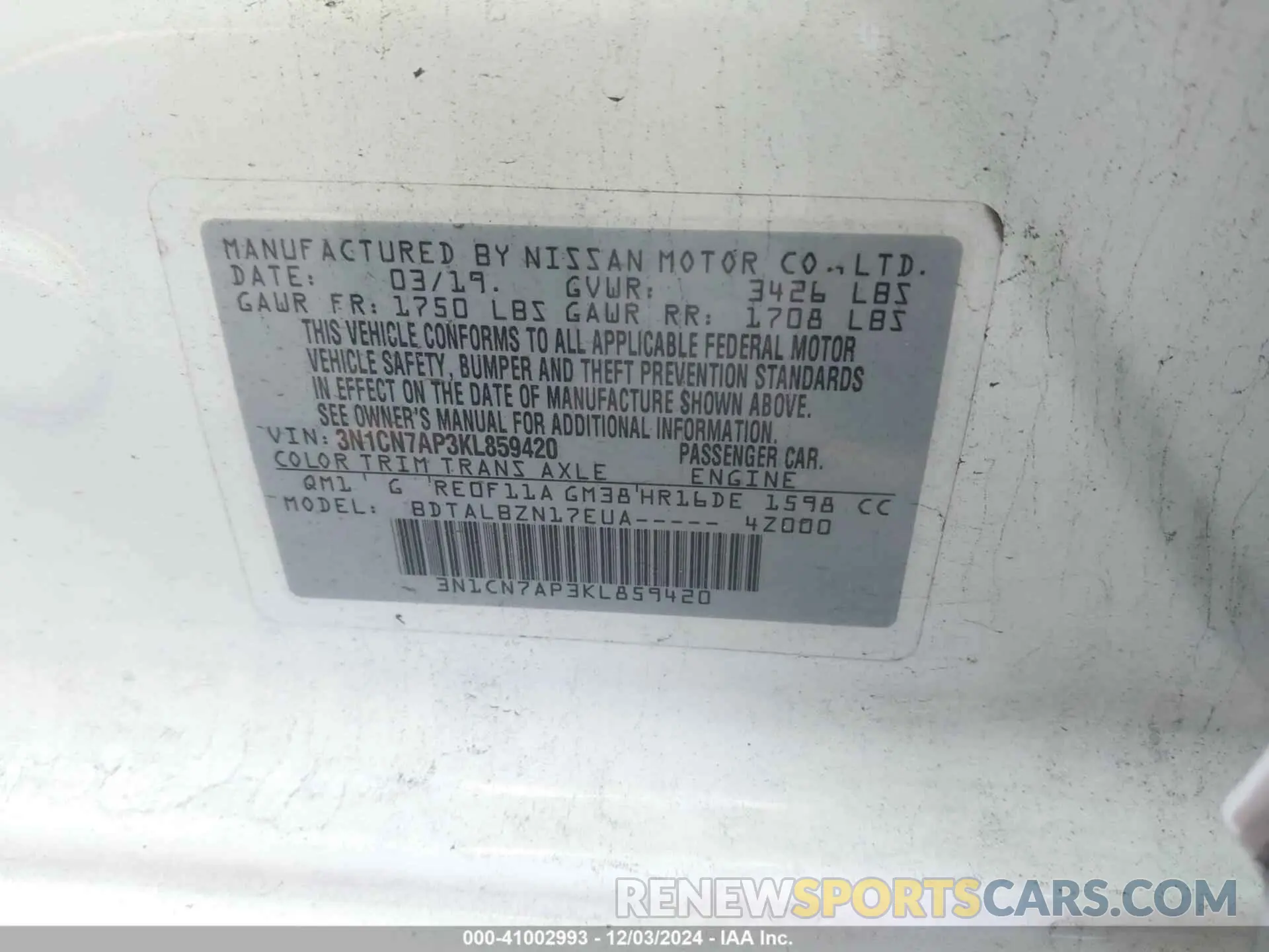 9 Photograph of a damaged car 3N1CN7AP3KL859420 NISSAN VERSA 2019