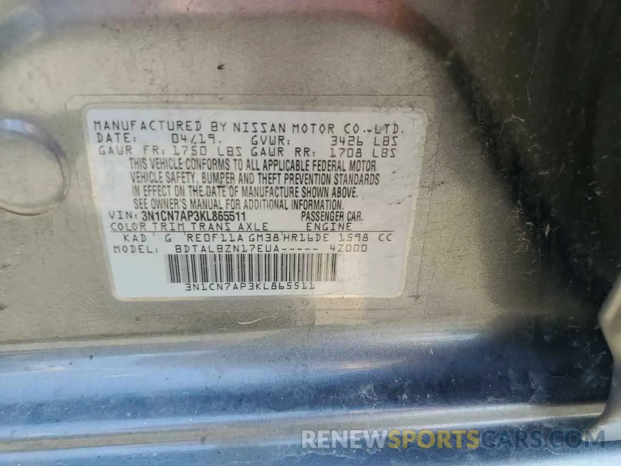 13 Photograph of a damaged car 3N1CN7AP3KL865511 NISSAN VERSA 2019