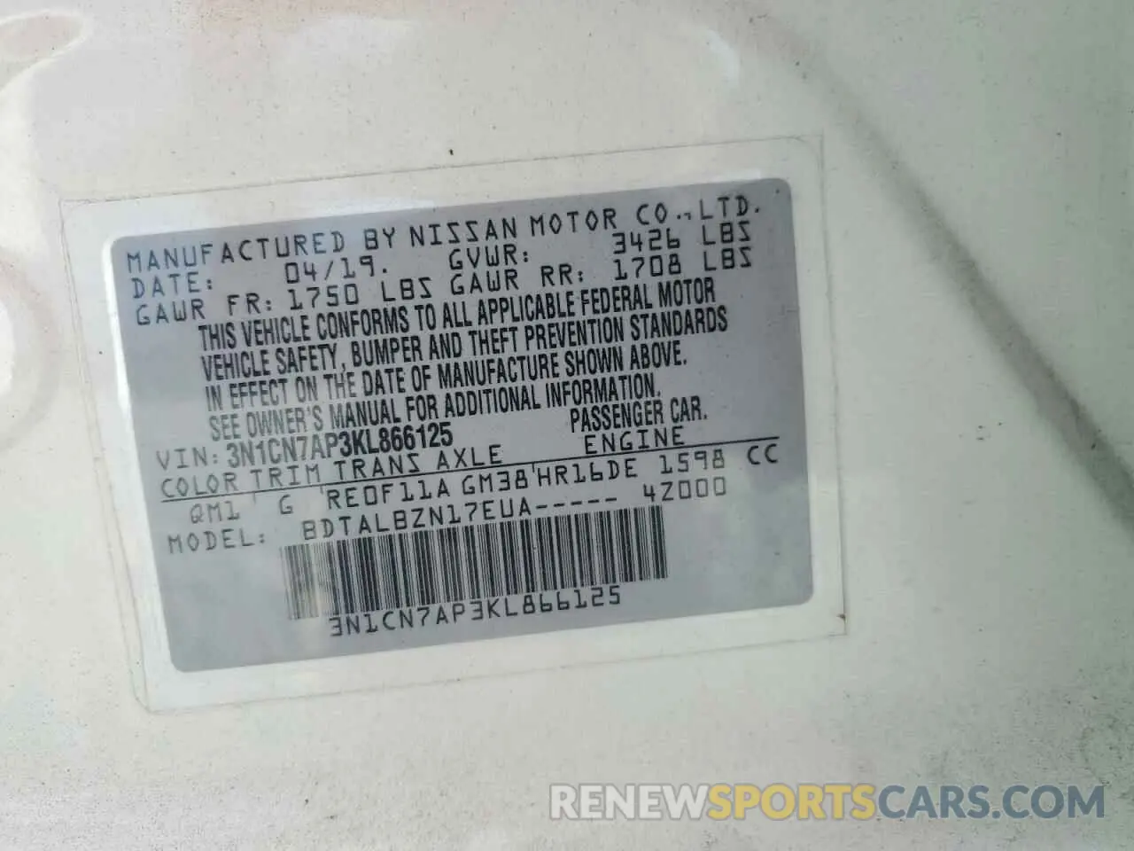 12 Photograph of a damaged car 3N1CN7AP3KL866125 NISSAN VERSA 2019