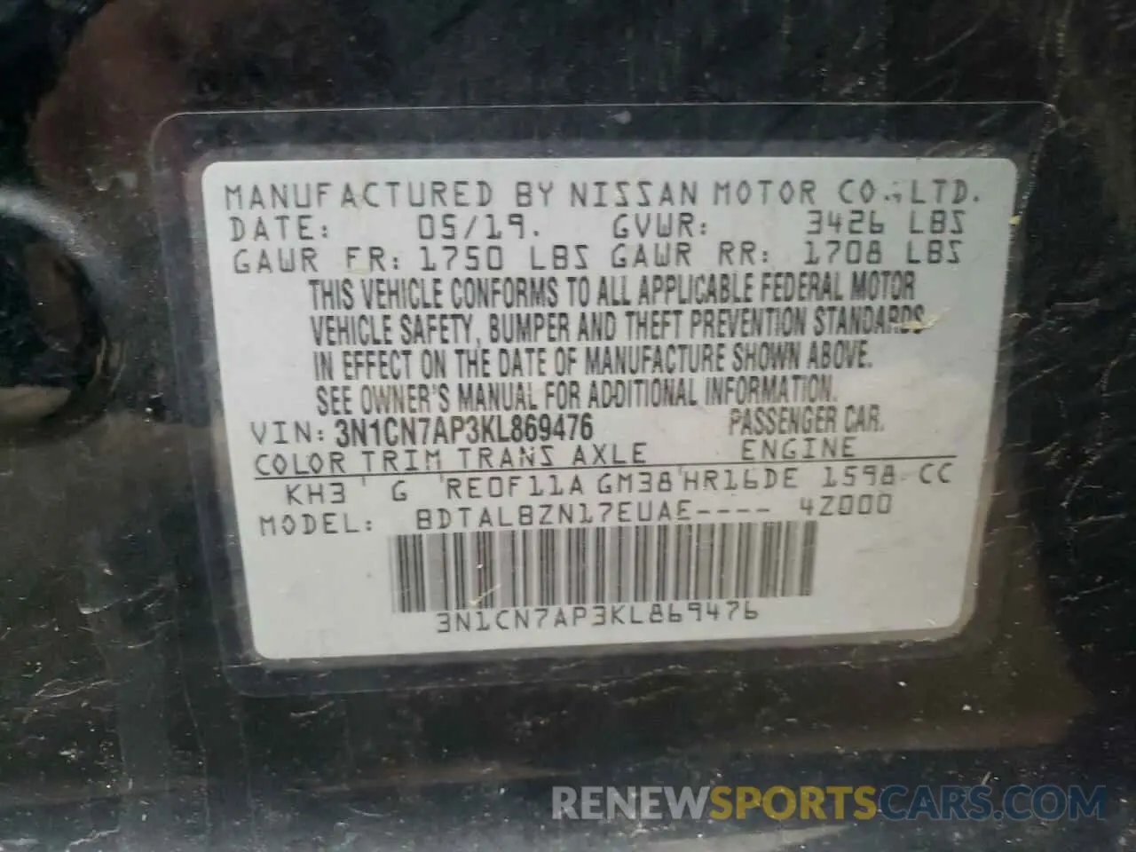 12 Photograph of a damaged car 3N1CN7AP3KL869476 NISSAN VERSA 2019