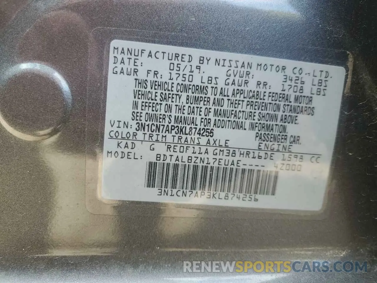 12 Photograph of a damaged car 3N1CN7AP3KL874256 NISSAN VERSA 2019