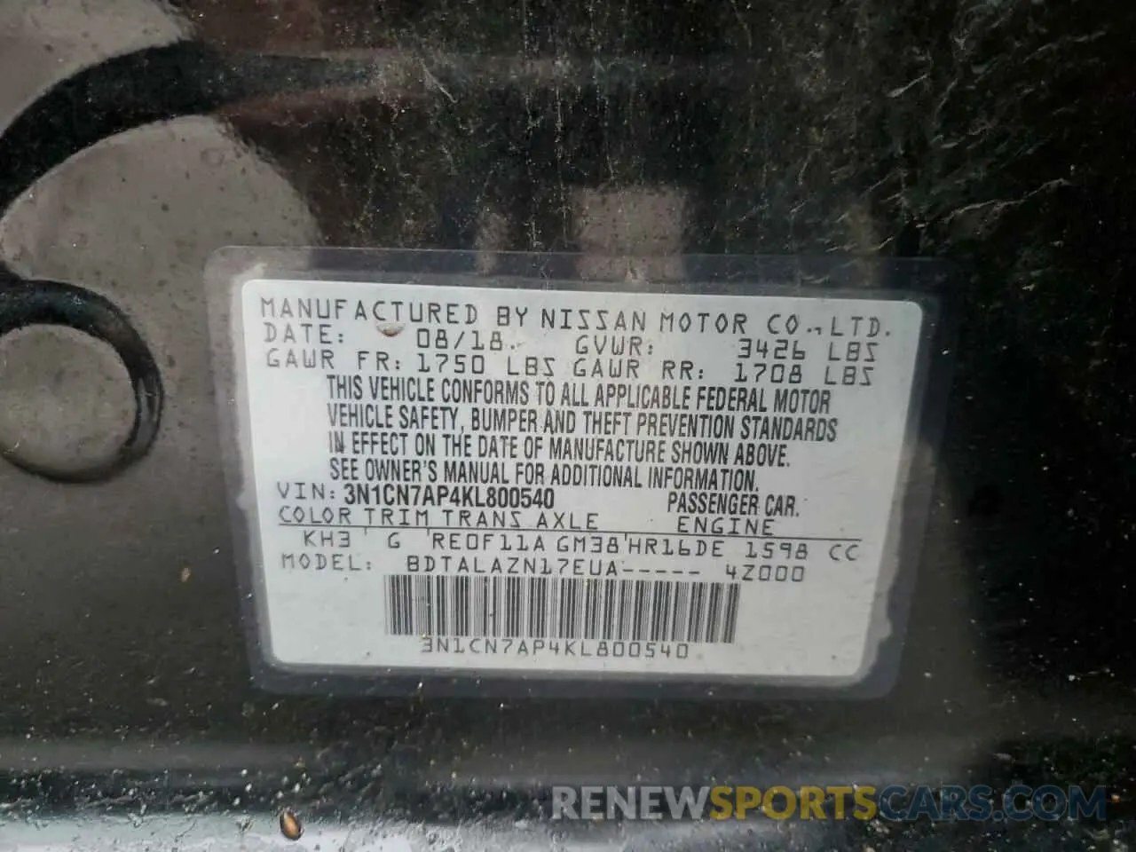 15 Photograph of a damaged car 3N1CN7AP4KL800540 NISSAN VERSA 2019