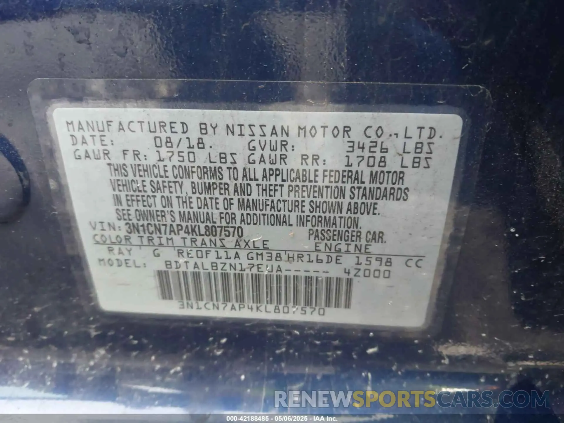 9 Photograph of a damaged car 3N1CN7AP4KL807570 NISSAN VERSA 2019