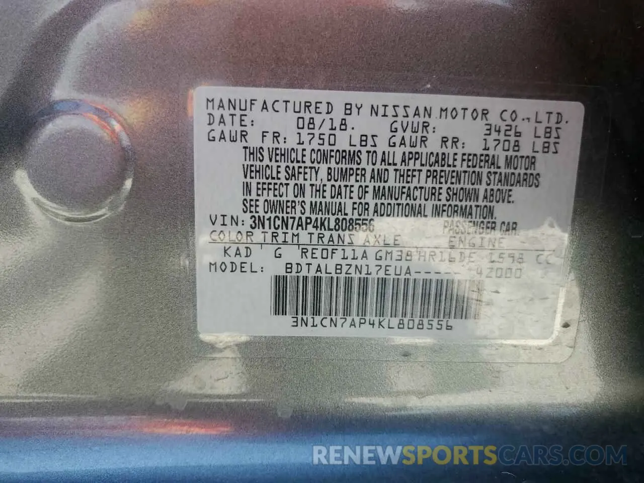 12 Photograph of a damaged car 3N1CN7AP4KL808556 NISSAN VERSA 2019