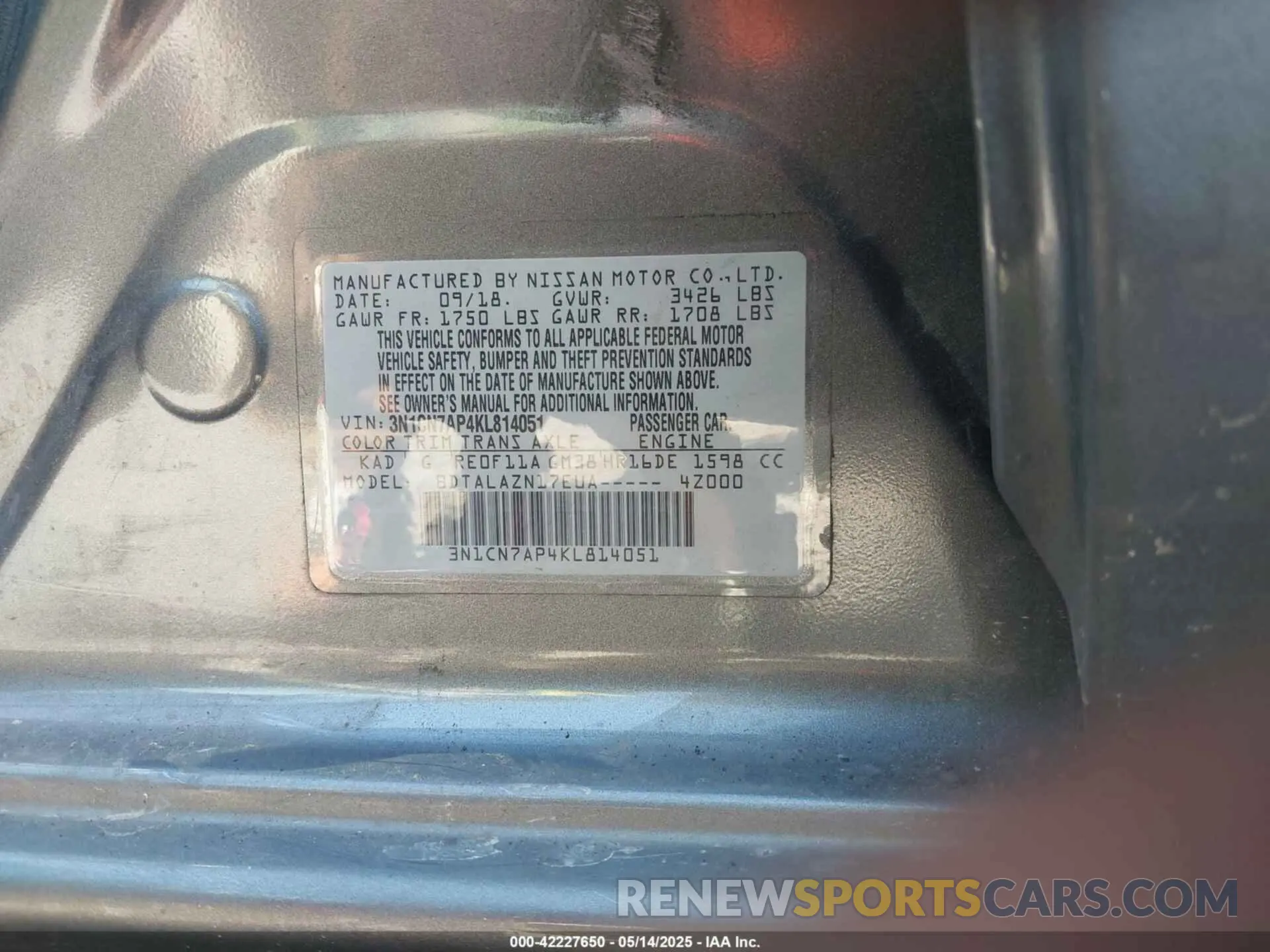 9 Photograph of a damaged car 3N1CN7AP4KL814051 NISSAN VERSA 2019