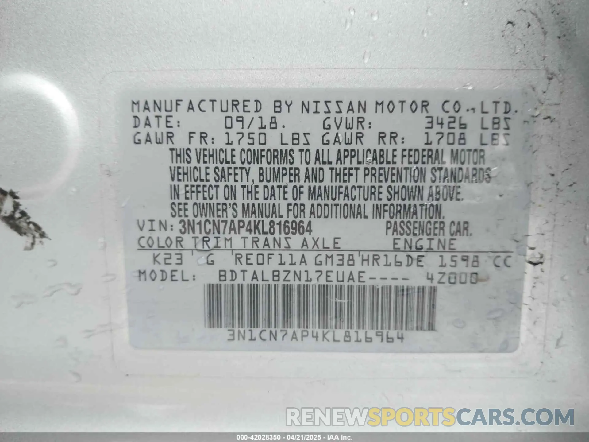 9 Photograph of a damaged car 3N1CN7AP4KL816964 NISSAN VERSA 2019