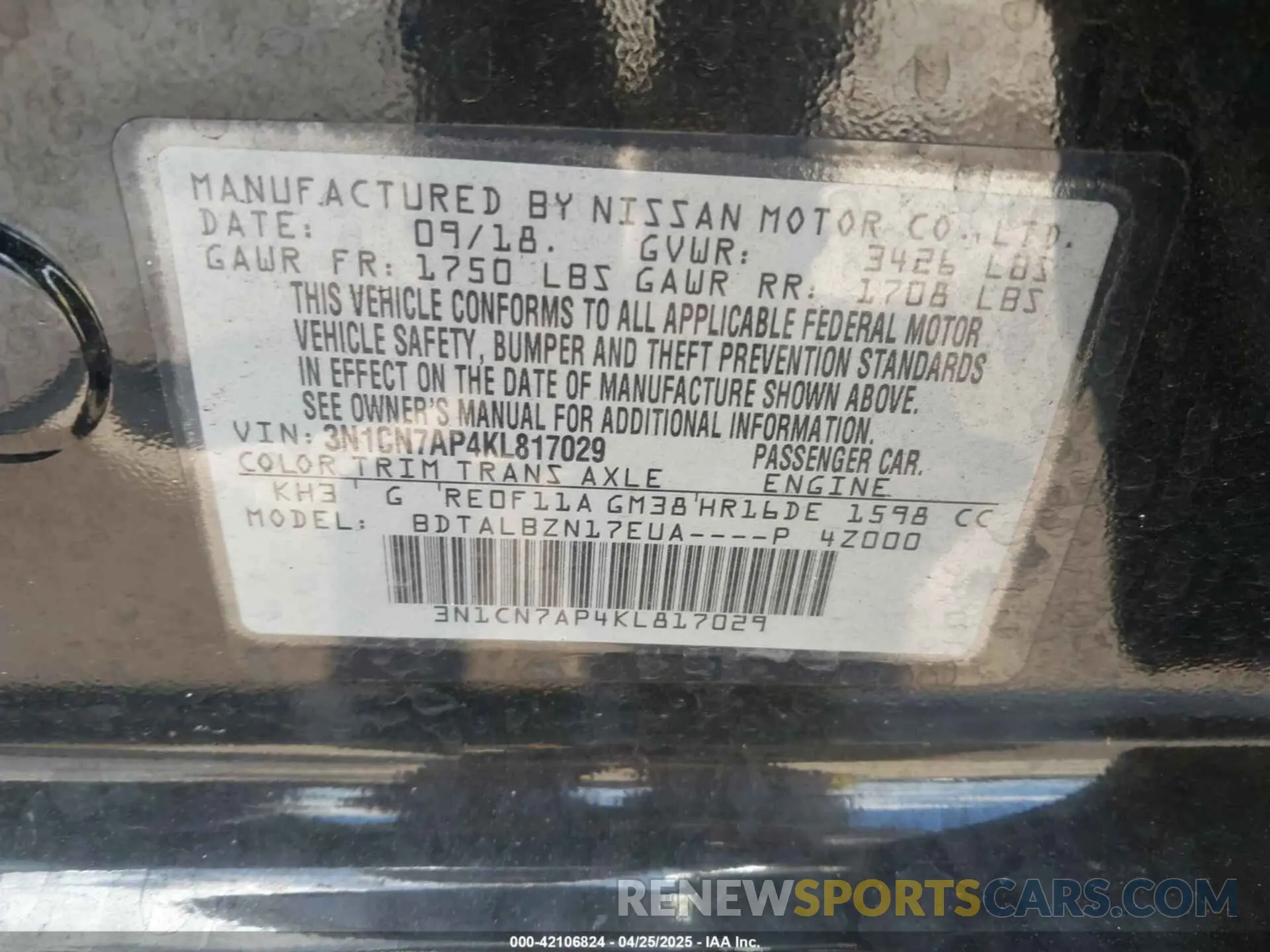 9 Photograph of a damaged car 3N1CN7AP4KL817029 NISSAN VERSA 2019