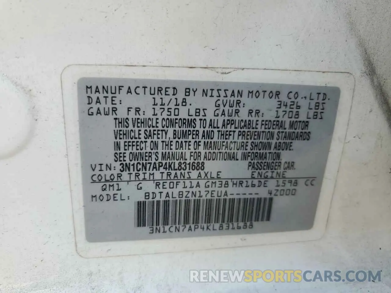 12 Photograph of a damaged car 3N1CN7AP4KL831688 NISSAN VERSA 2019