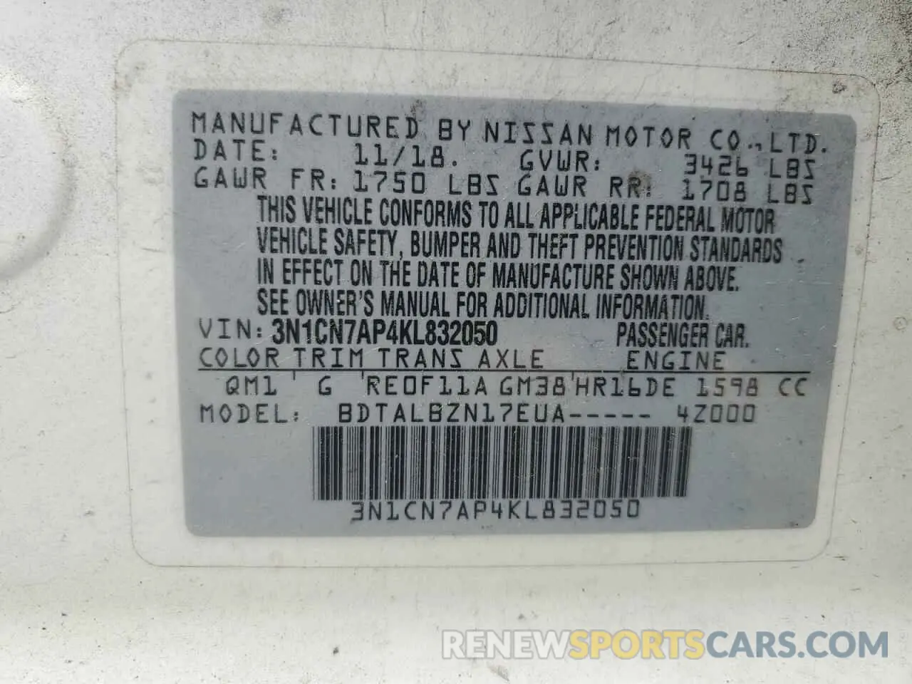13 Photograph of a damaged car 3N1CN7AP4KL832050 NISSAN VERSA 2019