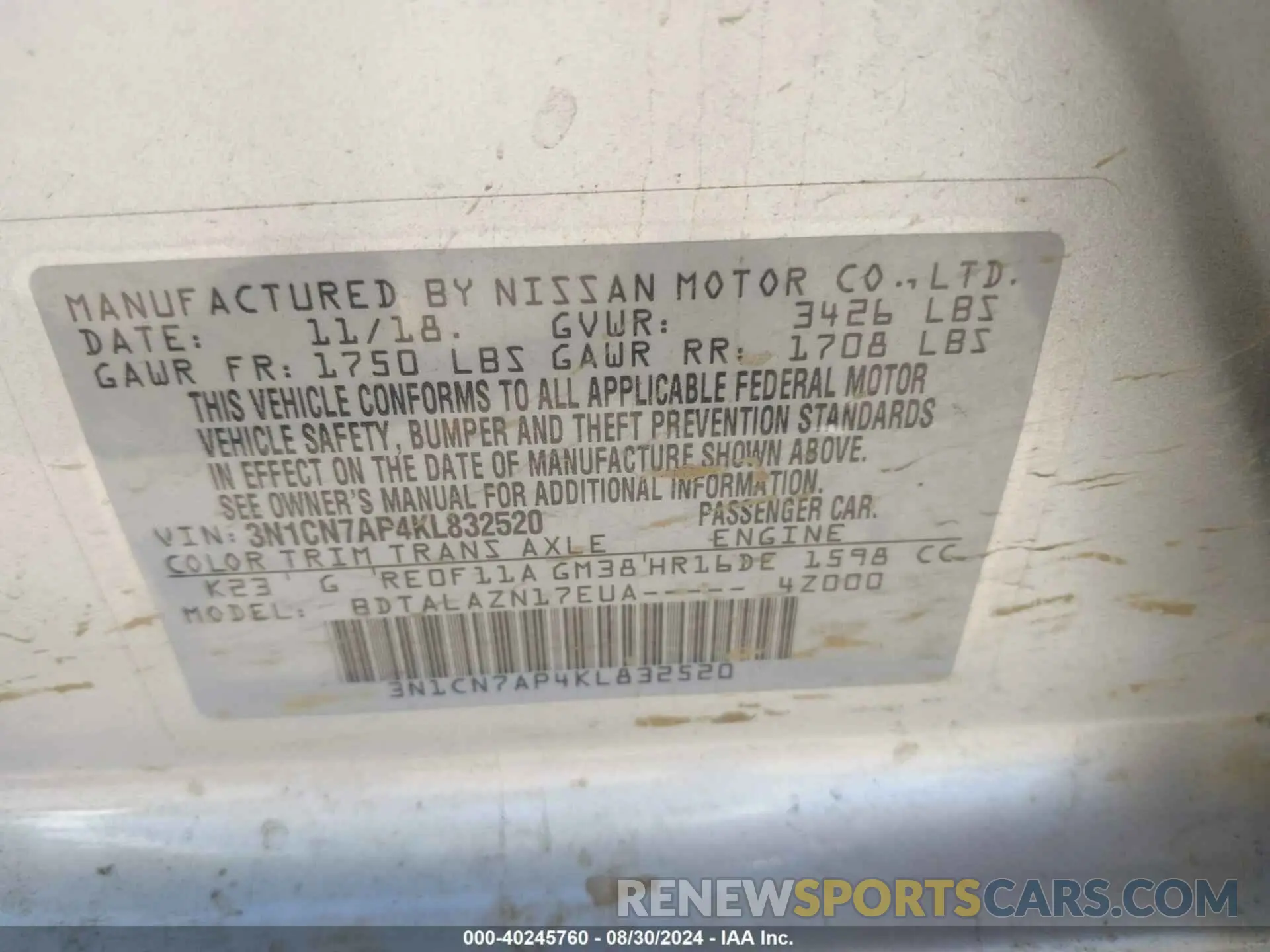 9 Photograph of a damaged car 3N1CN7AP4KL832520 NISSAN VERSA 2019