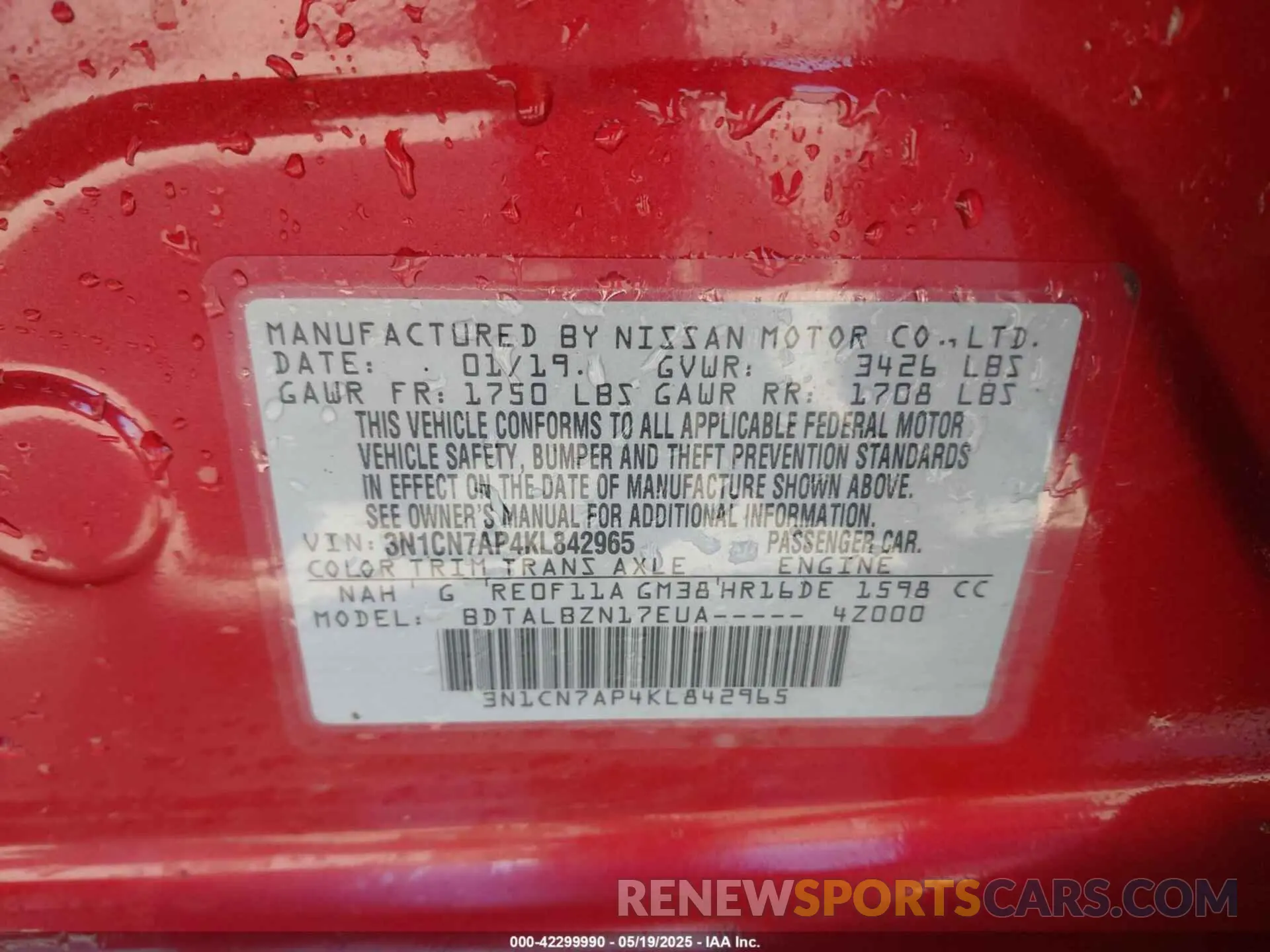 9 Photograph of a damaged car 3N1CN7AP4KL842965 NISSAN VERSA 2019
