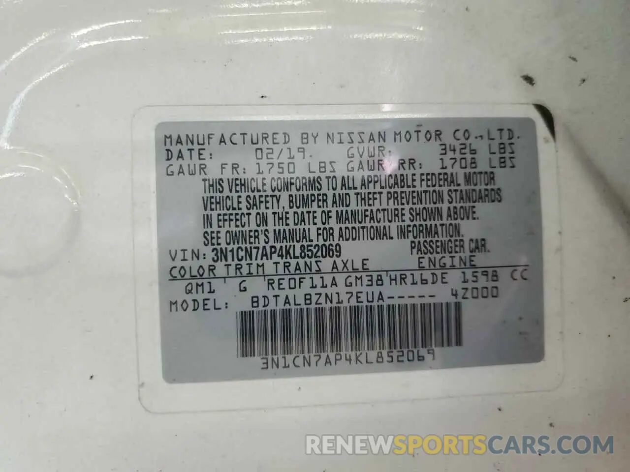 12 Photograph of a damaged car 3N1CN7AP4KL852069 NISSAN VERSA 2019