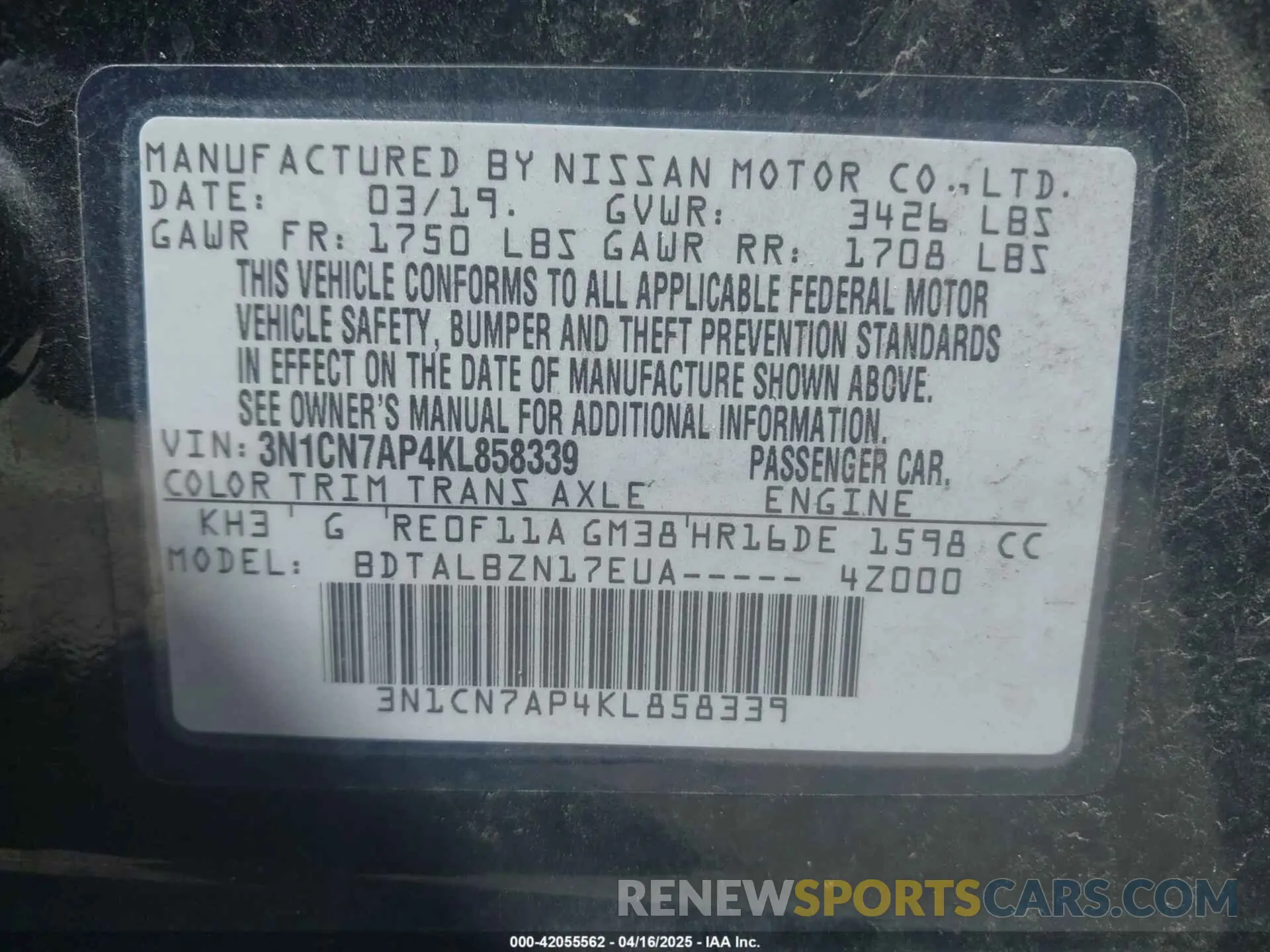 9 Photograph of a damaged car 3N1CN7AP4KL858339 NISSAN VERSA 2019