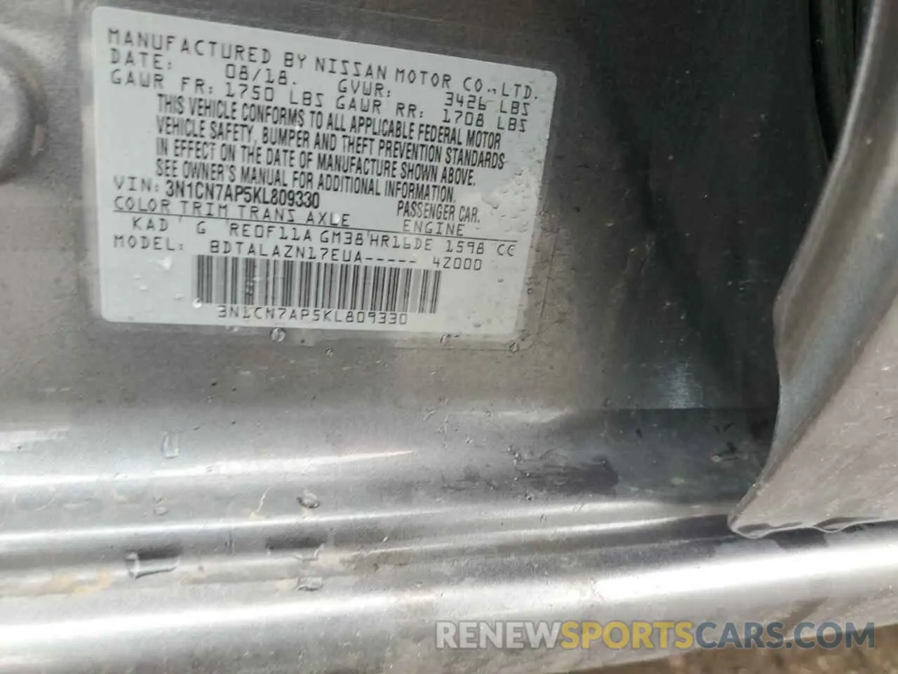 14 Photograph of a damaged car 3N1CN7AP5KL809330 NISSAN VERSA 2019