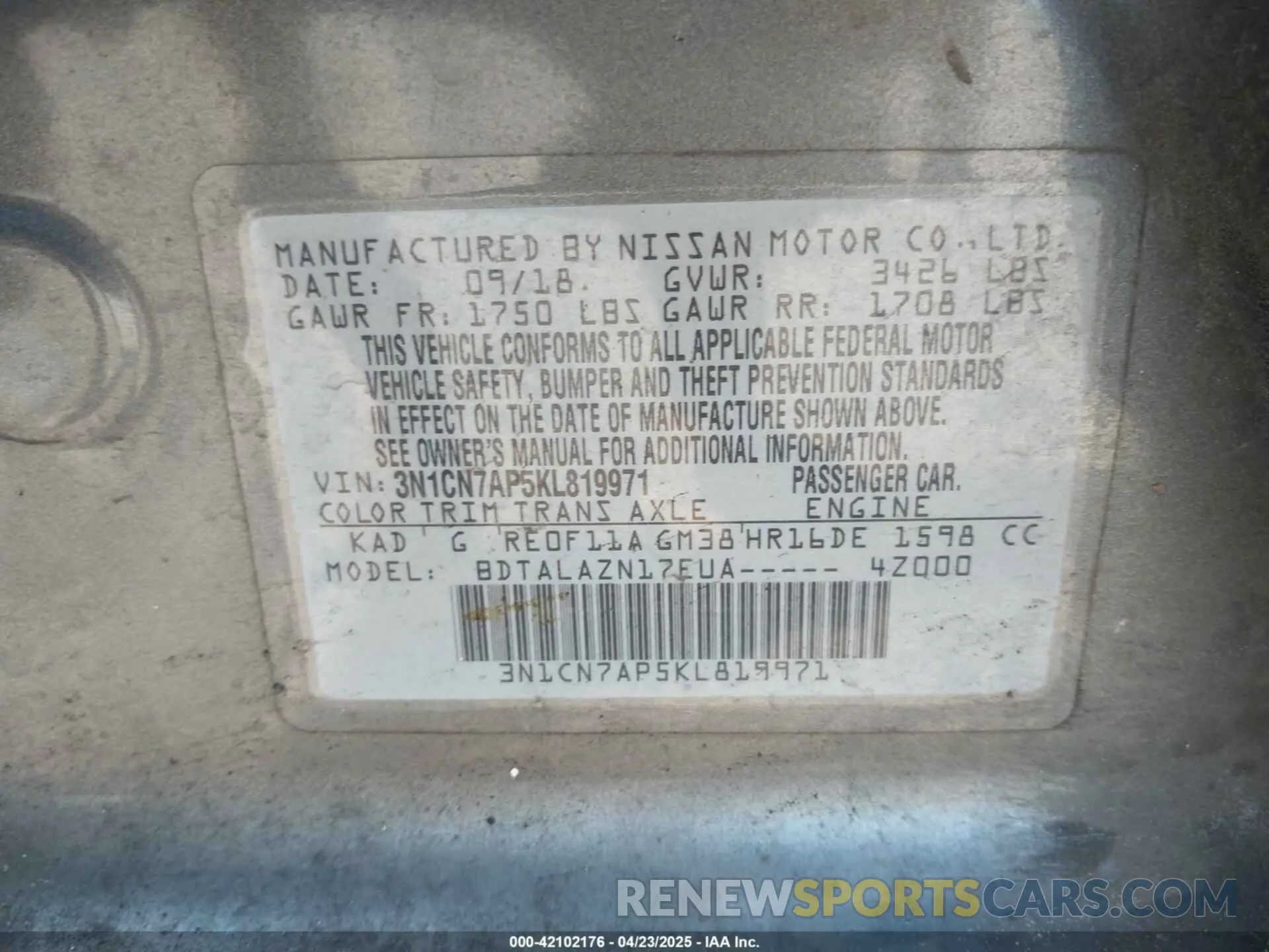 9 Photograph of a damaged car 3N1CN7AP5KL819971 NISSAN VERSA 2019