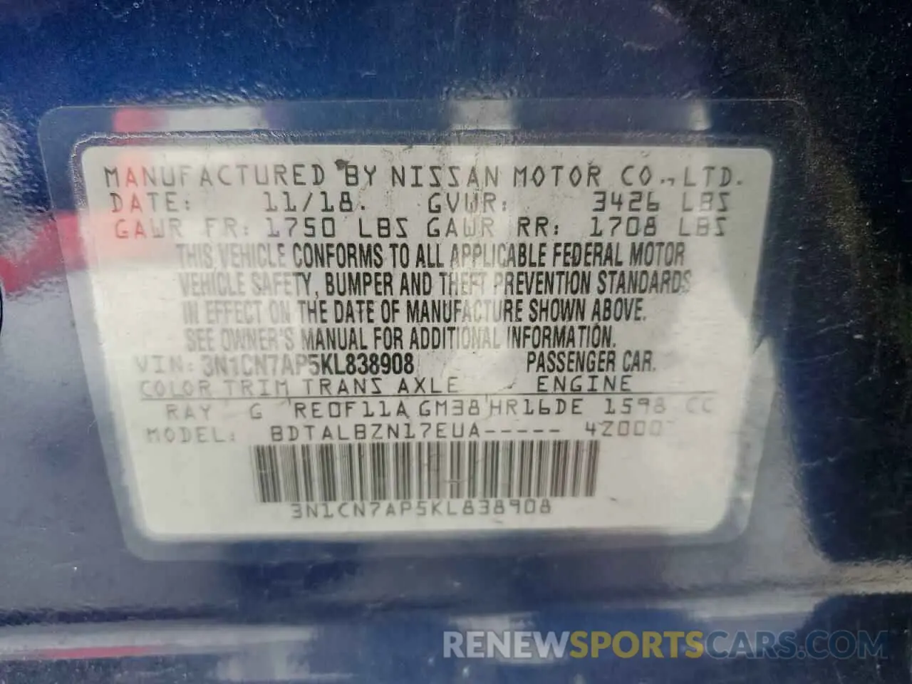 12 Photograph of a damaged car 3N1CN7AP5KL838908 NISSAN VERSA 2019