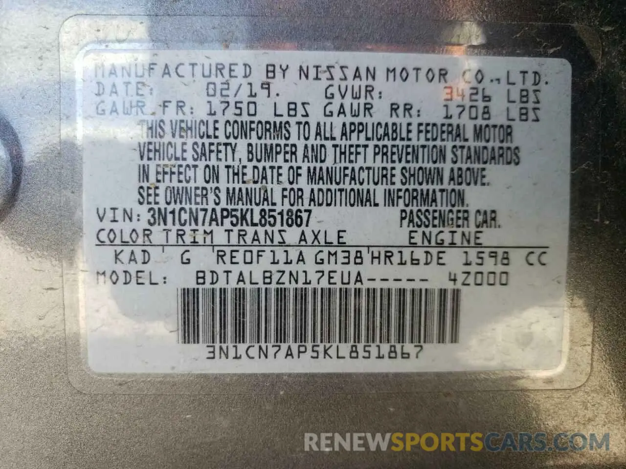 14 Photograph of a damaged car 3N1CN7AP5KL851867 NISSAN VERSA 2019