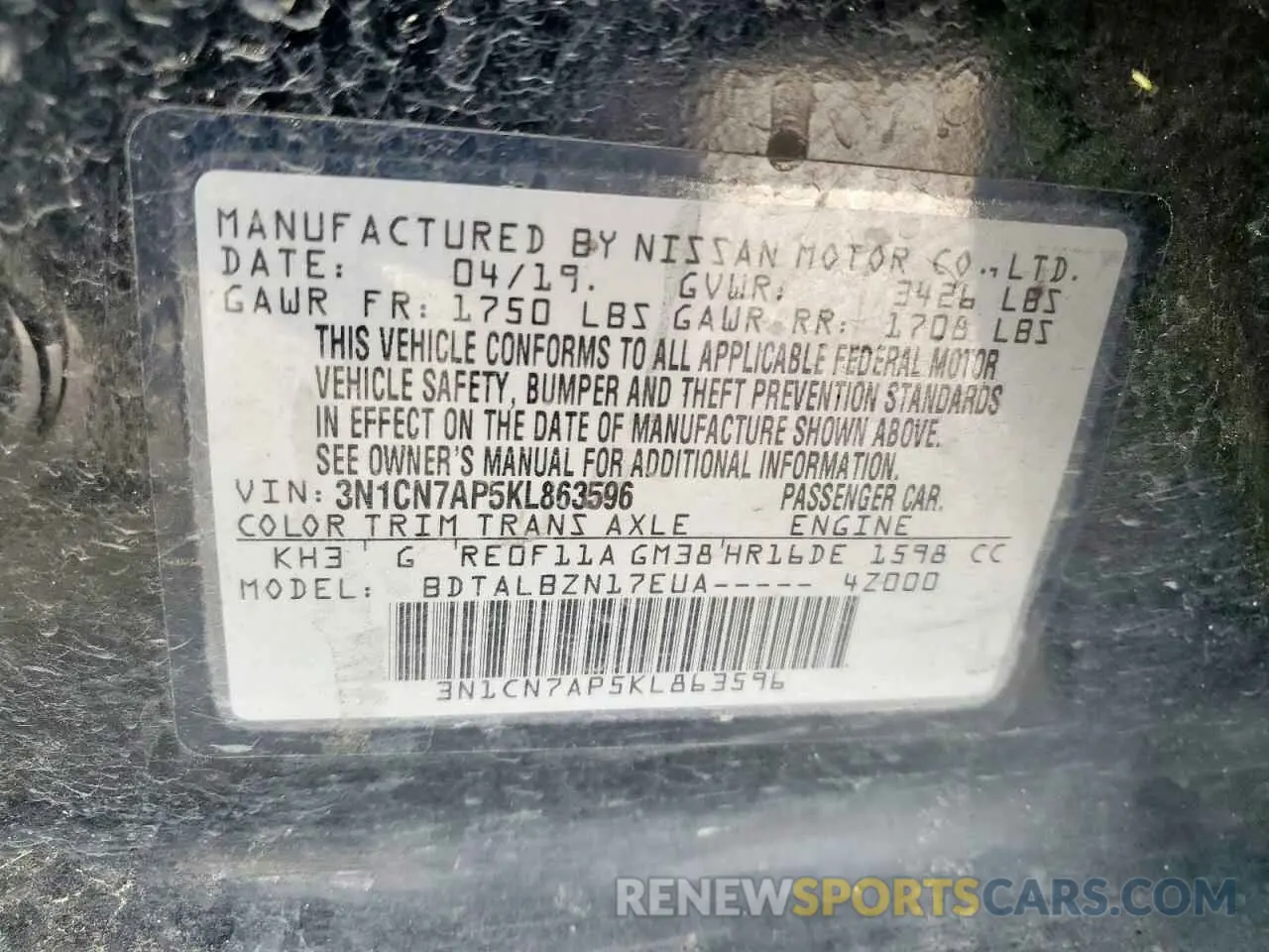 12 Photograph of a damaged car 3N1CN7AP5KL863596 NISSAN VERSA 2019