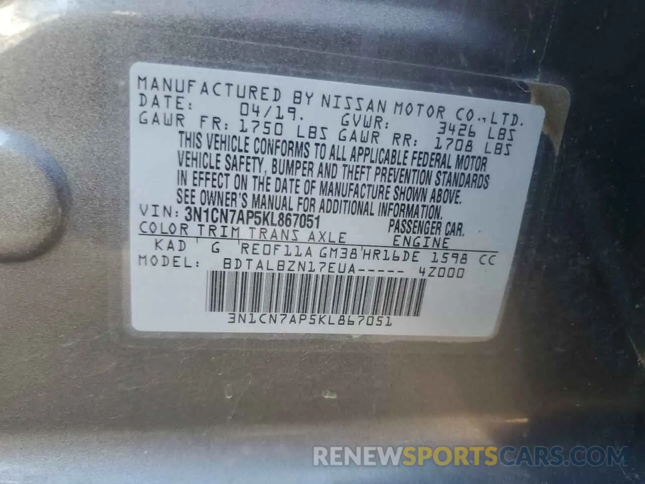 12 Photograph of a damaged car 3N1CN7AP5KL867051 NISSAN VERSA 2019