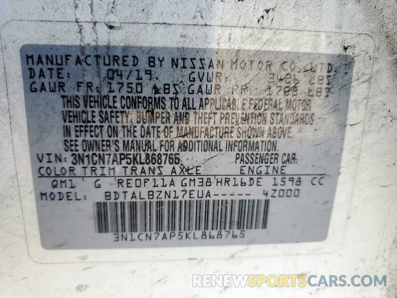 14 Photograph of a damaged car 3N1CN7AP5KL868765 NISSAN VERSA 2019
