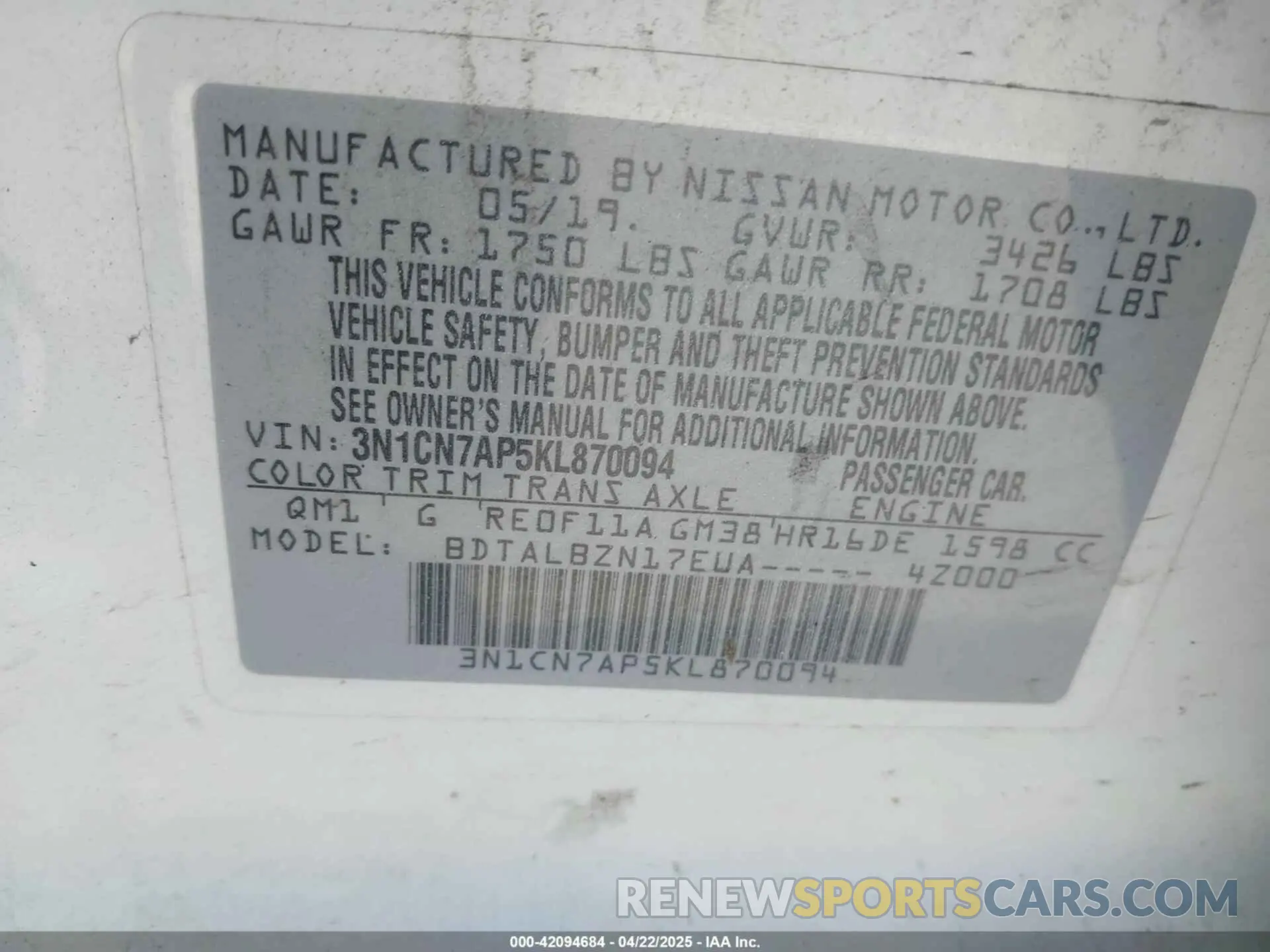 9 Photograph of a damaged car 3N1CN7AP5KL870094 NISSAN VERSA 2019