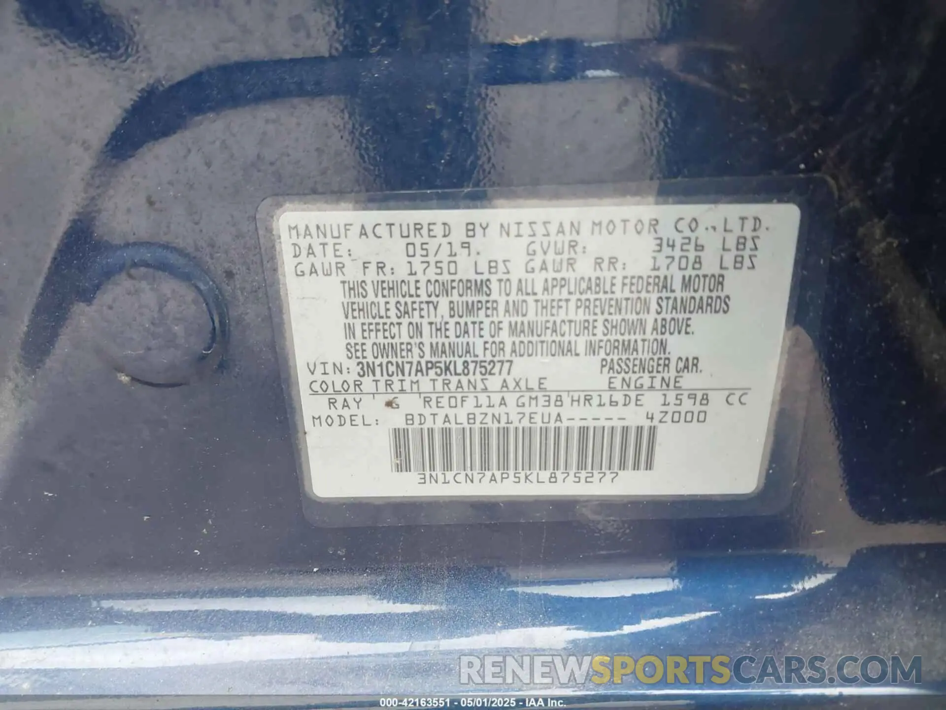 9 Photograph of a damaged car 3N1CN7AP5KL875277 NISSAN VERSA 2019