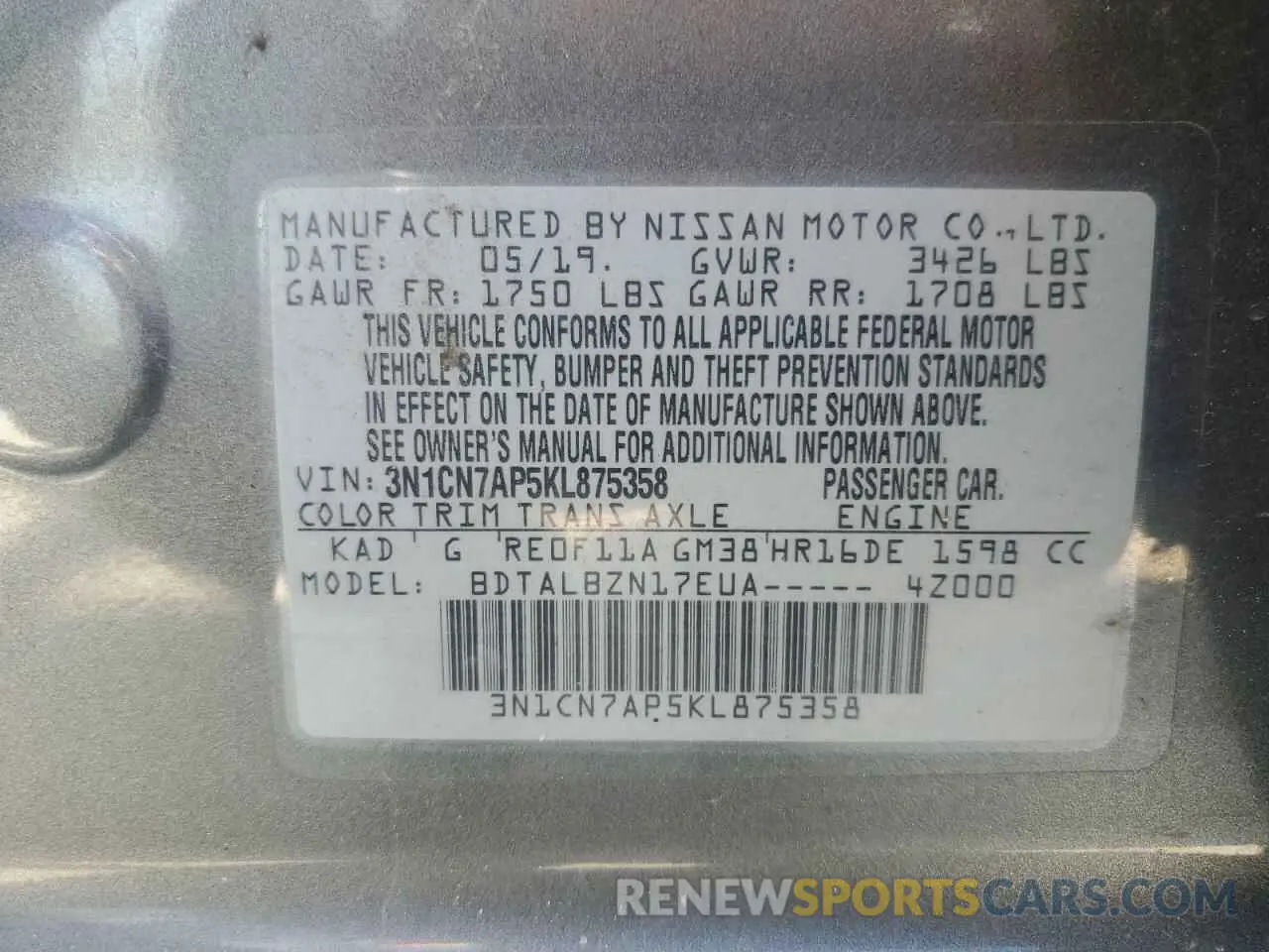12 Photograph of a damaged car 3N1CN7AP5KL875358 NISSAN VERSA 2019