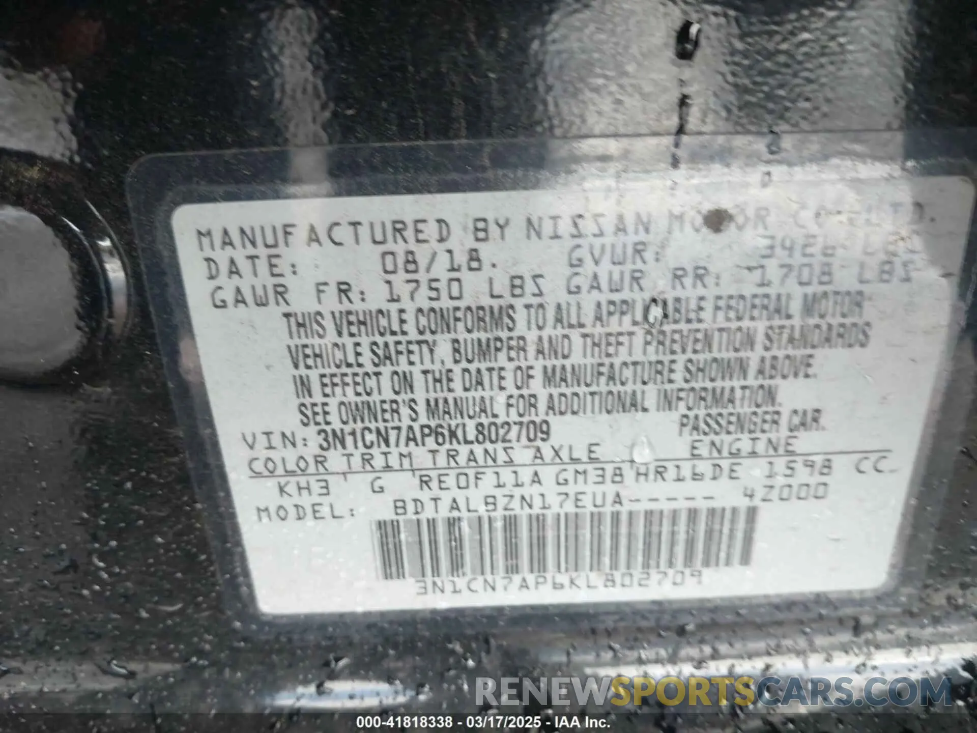 9 Photograph of a damaged car 3N1CN7AP6KL802709 NISSAN VERSA 2019