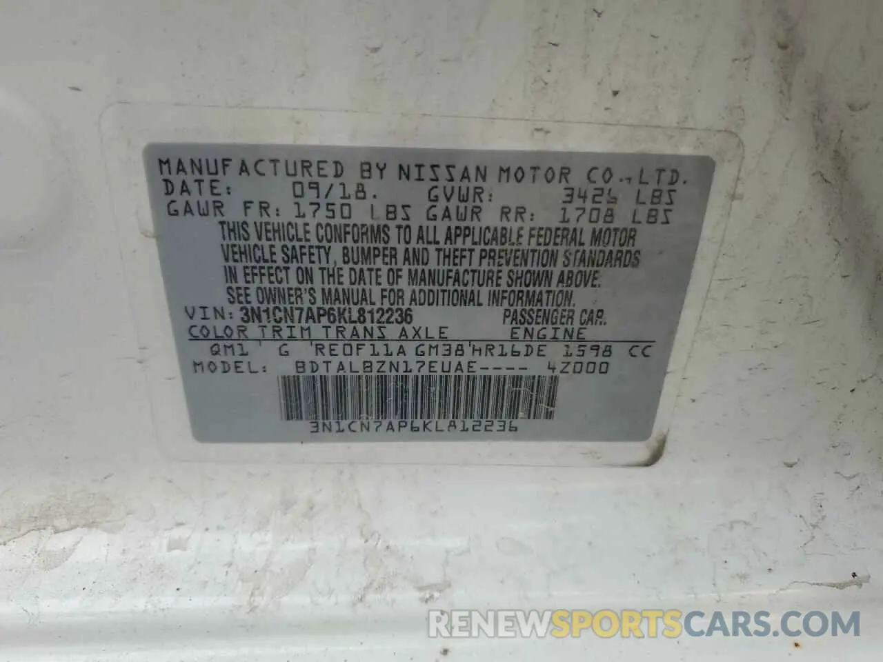 12 Photograph of a damaged car 3N1CN7AP6KL812236 NISSAN VERSA 2019